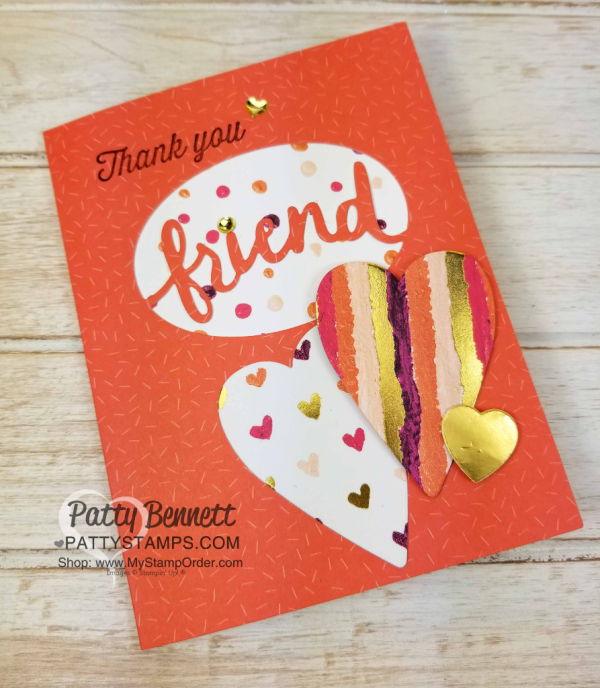 Handmade Thank you Friend cards, created with Stampin' Up! Lovely Words framelits, Tutti Fruitt cards, and Painted with Love hearts, by Patty Bennett