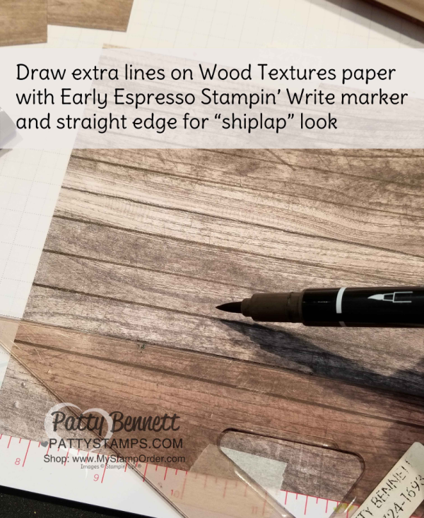 Draw extra lines on the Stampin' UP! Wood Textures paper to look like barn siding or shiplap siding. Draw extra lines on the Stampin' UP! Wood Textures paper to look like barn siding or shiplap siding.