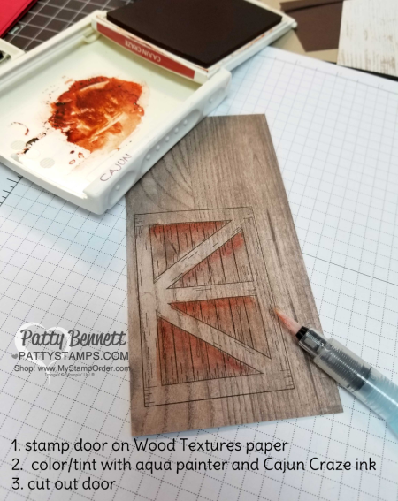 Add color with an Aqua Painter and ink to the Wood Texture paper and the barn door image from Stampin' Up! Add color with an Aqua Painter and ink to the Wood Texture paper and the barn door image from Stampin' Up!