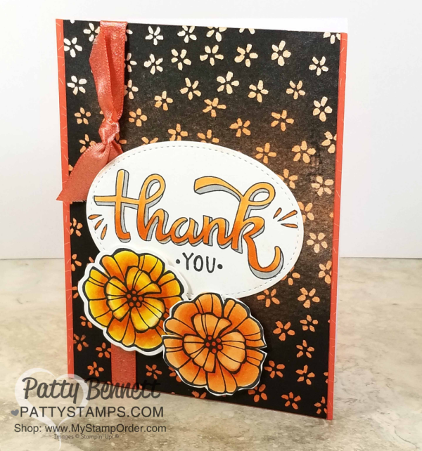 Color the Black and White Petal Passion floral designer paper from Stampin' UP! with sponge brayer and ink! Falling Flower images colored with Stampin' Blends alcohol markers. Card idea from Patty Bennett Color the Black and White Petal Passion floral designer paper from Stampin' UP! with sponge brayer and ink! Falling Flower images colored with Stampin' Blends alcohol markers. Card idea from Patty Bennett