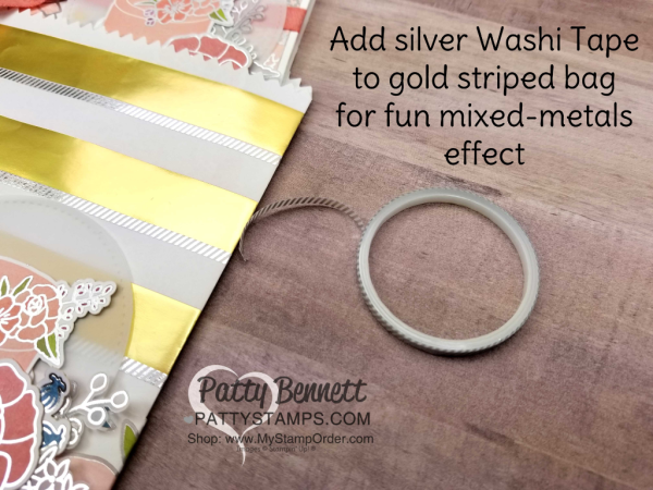 Wedding Card Holder idea - fancy gold striped back with silver washi tape and die cut flowers from the Stampin' UP! Sweet Soiree embellishment kit!  By Patty Bennett. Order craft supplies online to make yours today!  www.MyStampOrder.com