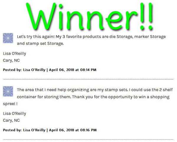 Winner Stamp-n-Storage $100 shopping spree giveaway for craft room organization products!