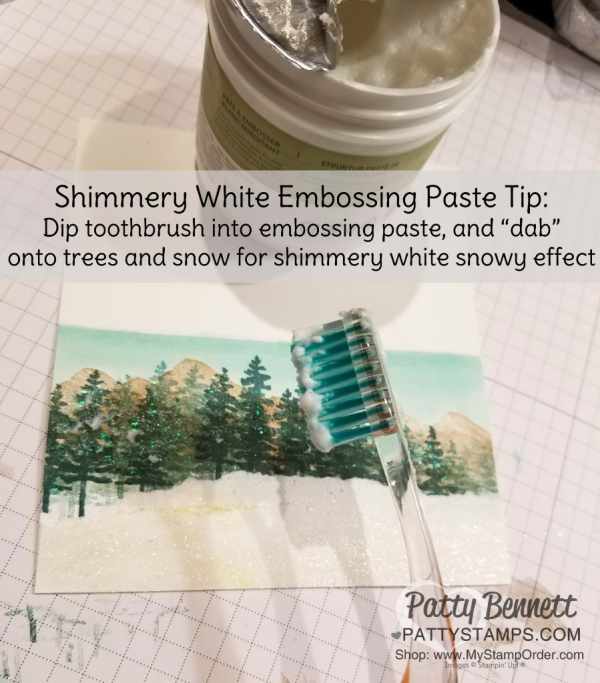 Mountain and Tree scene card created by stamping the Stampin' UP! Waterfront stamp set and adding Shimmery White embossing paste for "snow" with a toothbrush! by Patty Bennett Mountain and Tree scene card created by stamping the Stampin' UP! Waterfront stamp set and adding Shimmery White embossing paste for "snow" with a toothbrush! by Patty Bennett