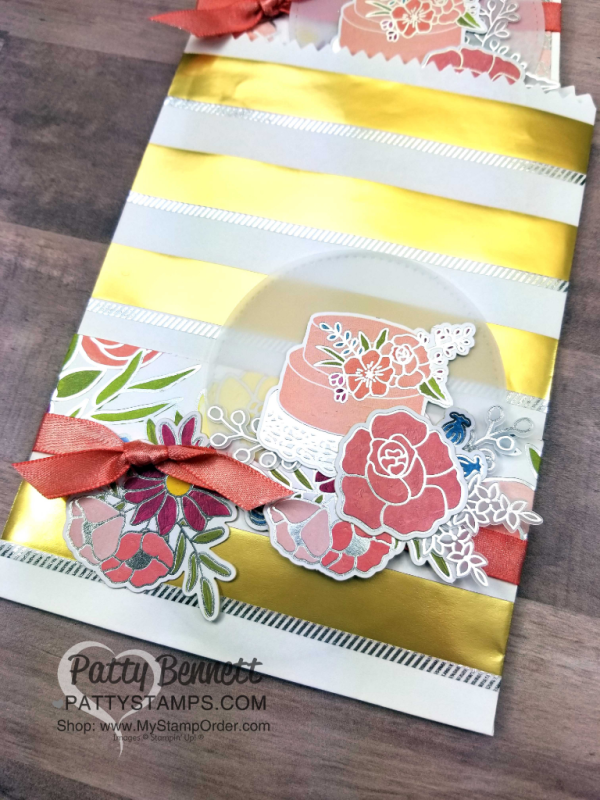 Wedding Card Holder idea - fancy gold striped back with silver washi tape and die cut flowers from the Stampin' UP! Sweet Soiree embellishment kit!  By Patty Bennett. Order craft supplies online to make yours today!  www.MyStampOrder.com
