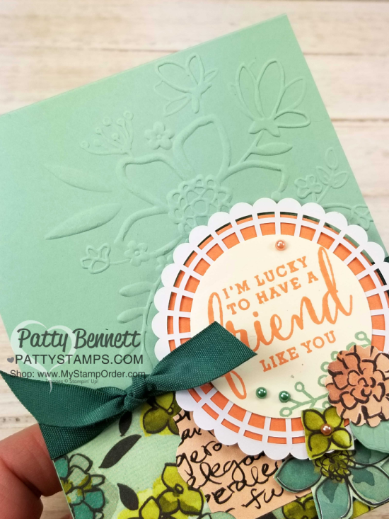 Share What You Love Stampin' UP! card idea featuring Lovely Floral embossing folder, designer paper and pearlized doily by Patty Bennett