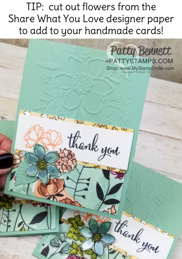Share What You Love Stampin' UP! card idea featuring Lovely Floral embossing folder and designer paper by Patty Bennett