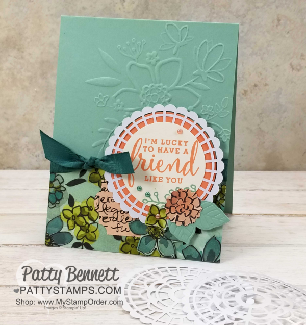 Share What You Love Stampin' UP! card idea featuring Lovely Floral embossing folder, designer paper and pearlized doily by Patty Bennett