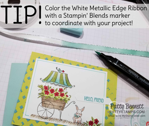 Flower Cart Card created with Friendship's Sweetest Thoughts stamp set and Stampin' Blends from Stampin' UP!, by Patty Bennett. Embossing Paste background and White ribbon colored with Stampin' Blends.