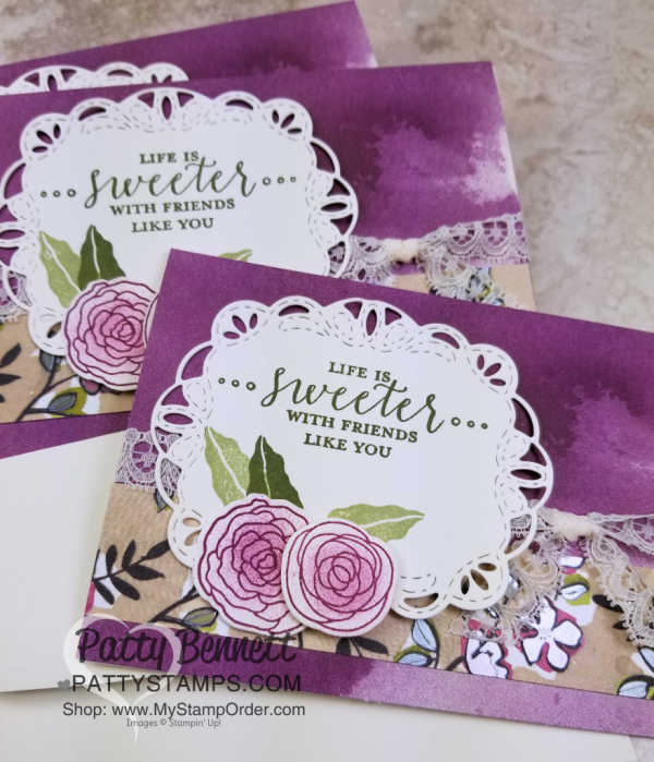 Delightfully Detailed note cards featuring Stampin' UP! Stitched All Around framelit die, Cake Soiree bundle, Share What You Love designer paper and NEW Mossy Meadow ink! by Patty Bennett www.PattyStamps.com