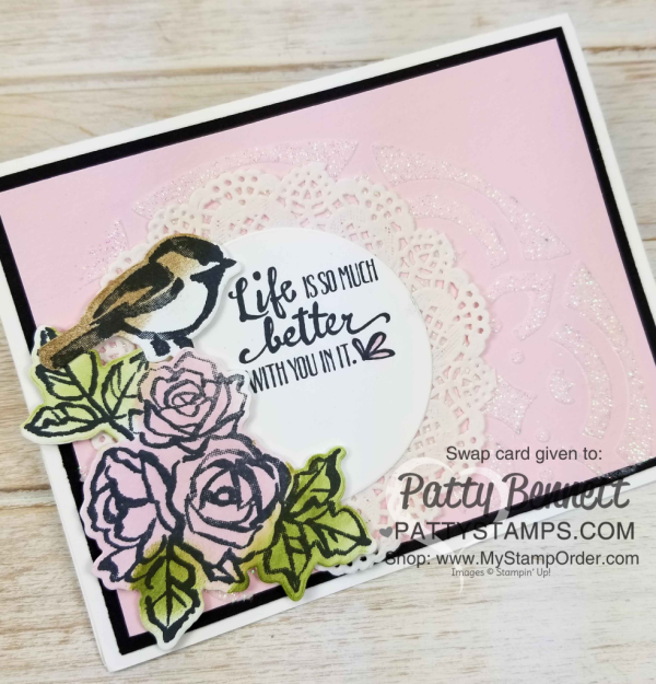 Petal Palette stamp set and Petals & More framelits birdie card by Sharon Skelton