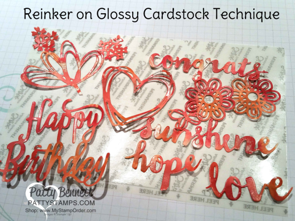 Reinker on glossy cardstock technique die cut embellishments from Sunshine Wishes, Support Ribbon and Happy Birthday thinlit dies by Stampin' UP!
