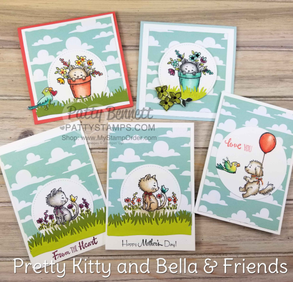 Pretty Kitty and Bella & Friends doggie and kitty cards with Myths and Magic cloud paper backgrounds, colored with Stampin' UP! Stampin' Blends Alcohol markers by Patty Bennett