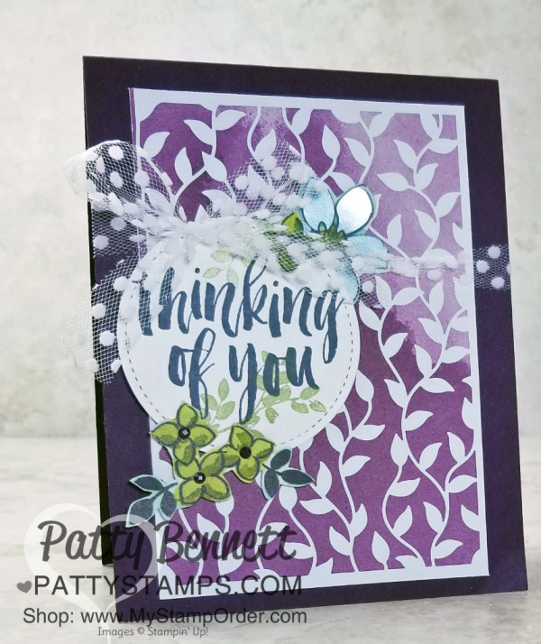 Delightfully Detailed Laser-cut paper card idea Featuring Stampin' UP! Rooted in Nature set greeting, by Patty Bennett, www.PattyStamps.com