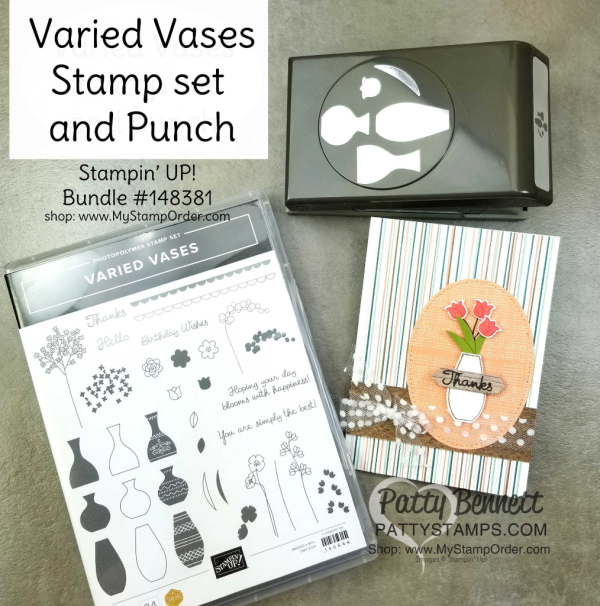 Stampin' UP! Varied Vases card featuring Nature's Poem designer paper DSP, and Varied Vases stamp set and builder punch bundle, by Patty Bennett  www.PattyStamps.com