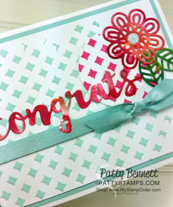 Handmade congrats card idea featuring Reinker on glossy cardstock technique die cut embellishments from Sunshine Wishes and Support Ribbon thinlit dies by Stampin' UP!