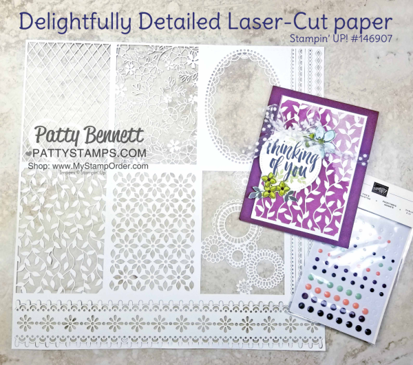 Delightfully Detailed Laser-cut paper card idea Featuring Stampin' UP! Rooted in Nature set greeting, by Patty Bennett, www.PattyStamps.com