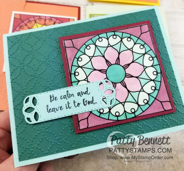 Stampin' Up! Graceful Glass suite: Painted Glass stamp set, Graceful Glass Vellum and Stained Glass thinlits. Card ideas colored with Stampin' Blends alcohol markers by Patty Bennett, www.PattyStamps.com