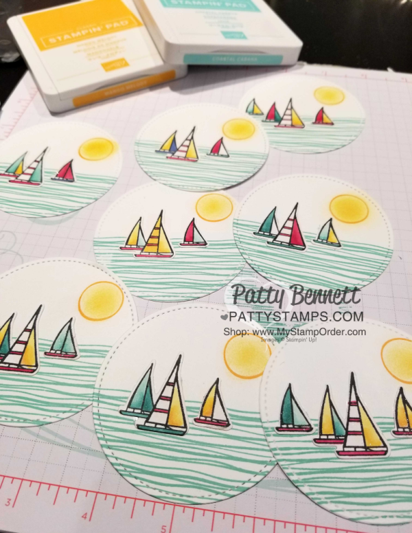Stampin' UP! Lilypad Lake sailboat note card, featuring Stampin' Blends markers, Wink of Stella, and Stitched Shape framelit circles, by Patty Bennett, www.PattyStamps.com