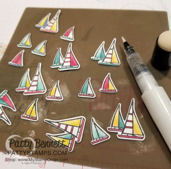 Crafting tip for my Stampin' UP! Lilypad Lake sailboat note card, featuring Stampin' Blends markers, Wink of Stella, and Stitched Shape framelit circles, by Patty Bennett, www.PattyStamps.com