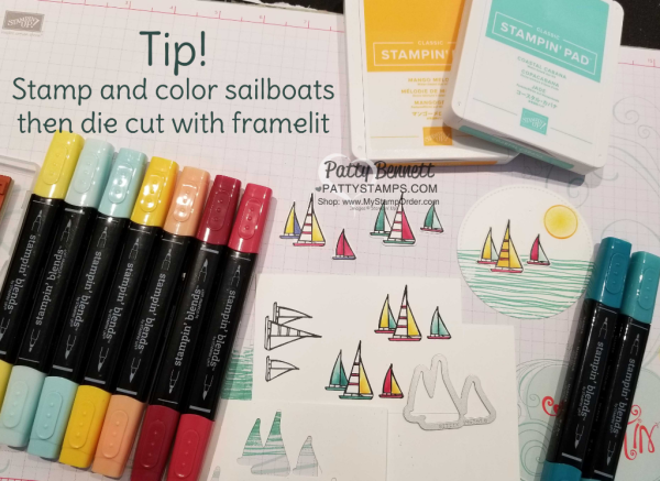 Crafting tip for coloring and die cutting my Stampin' UP! Lilypad Lake sailboat note card, featuring Stampin' Blends markers, Wink of Stella, and Stitched Shape framelit circles, by Patty Bennett, www.PattyStamps.com