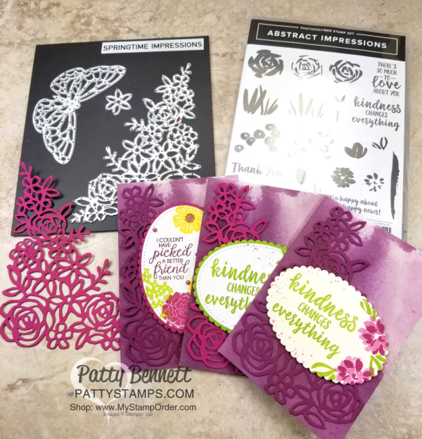 Garden Impressions Suite note cards featuring Stampin UP! Springtime Impressions thinlit flower die cut, and the Abstract Impressions stamp set on Delightfully Detailed note card bases by Patty Bennett www.PattyStamps.com Garden Impressions Suite note cards featuring Stampin UP! Springtime Impressions thinlit flower die cut, and the Abstract Impressions stamp set on Delightfully Detailed note card bases by Patty Bennett www.PattyStamps.com