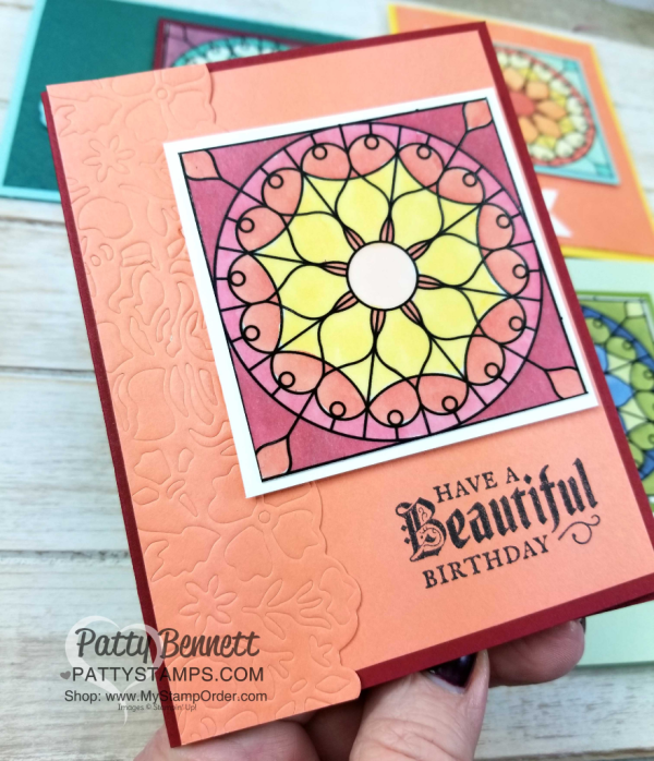 Stampin' Up! Graceful Glass suite: Painted Glass stamp set, Graceful Glass Vellum and Stained Glass thinlits. Card ideas colored with Stampin' Blends alcohol markers by Patty Bennett, www.PattyStamps.com