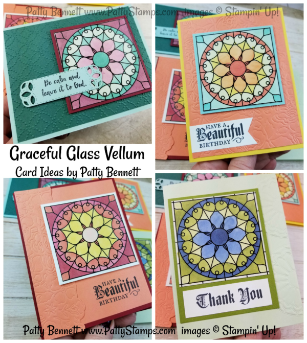 Stampin' Up! Graceful Glass suite: Painted Glass stamp set, Graceful Glass Vellum and Stained Glass thinlits. Card ideas colored with Stampin' Blends alcohol markers by Patty Bennett, www.PattyStamps.com