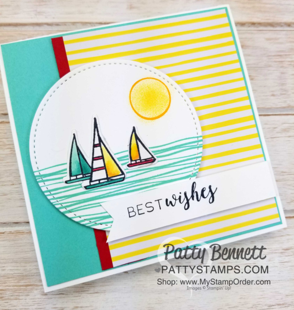Stampin' UP! Lilypad Lake sailboat note card, featuring Stampin' Blends markers, Wink of Stella, and Stitched Shape framelit circles, by Patty Bennett, www.PattyStamps.com