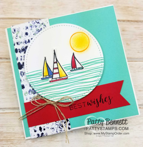 Stampin' UP! Lilypad Lake sailboat note card, featuring Stampin' Blends markers, Wink of Stella, and Stitched Shape framelit circles, by Patty Bennett, www.PattyStamps.com