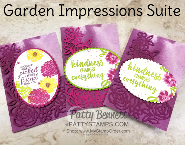 Garden Impressions Suite note cards featuring Stampin UP! Springtime Impressions thinlit flower die cut, and the Abstract Impressions stamp set on Delightfully Detailed note card bases by Patty Bennett www.PattyStamps.com Garden Impressions Suite note cards featuring Stampin UP! Springtime Impressions thinlit flower die cut, and the Abstract Impressions stamp set on Delightfully Detailed note card bases by Patty Bennett www.PattyStamps.com