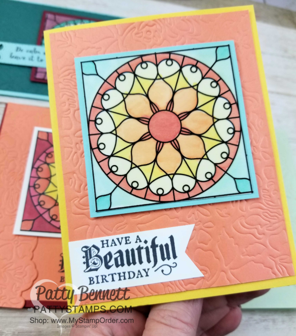 Stampin' Up! Graceful Glass suite: Painted Glass stamp set, Graceful Glass Vellum and Stained Glass thinlits. Card ideas colored with Stampin' Blends alcohol markers by Patty Bennett, www.PattyStamps.com