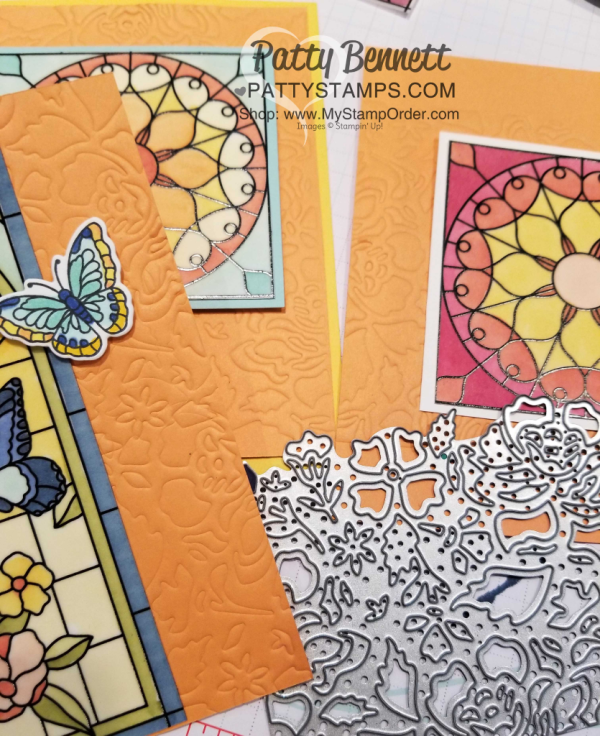 Stampin' Up! Graceful Glass suite: Painted Glass stamp set, Graceful Glass Vellum and Stained Glass thinlits. Card ideas colored with Stampin' Blends alcohol markers and background embossed with Floral Detailed thinlits and Embossing Mats  by Patty Bennett, www.PattyStamps.com