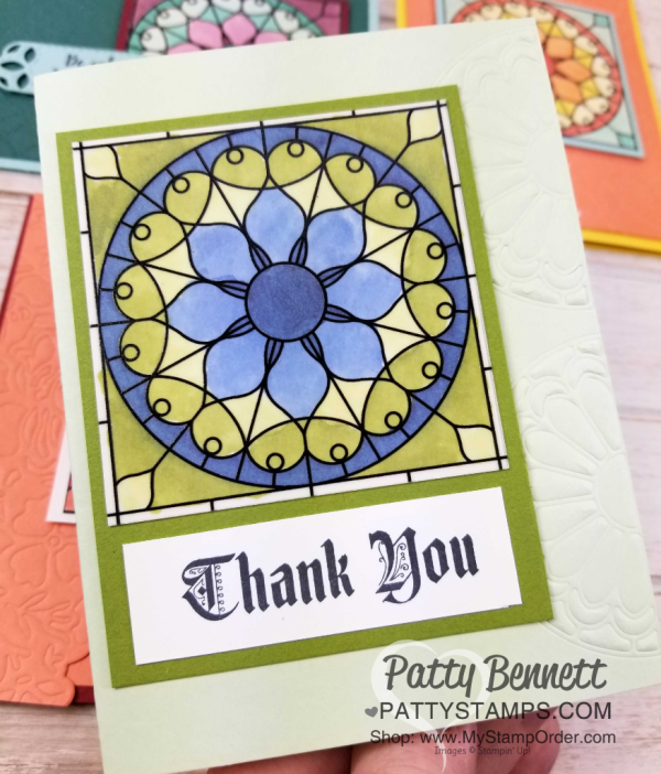 Stampin' Up! Graceful Glass suite: Painted Glass stamp set, Graceful Glass Vellum and Stained Glass thinlits. Card ideas colored with Stampin' Blends alcohol markers by Patty Bennett, www.PattyStamps.com