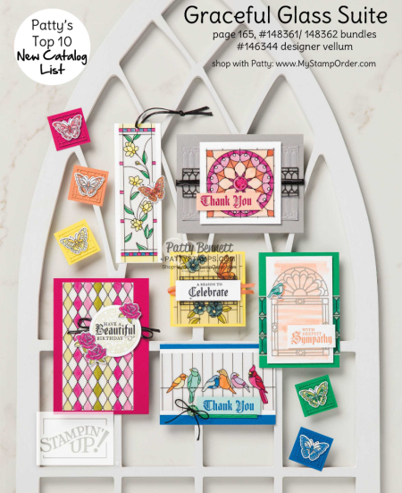 Patty's Top 10 list of favorite 2018-2018 Stampin' UP! catalog products - Graceful Glass Suite including printed Vellum to color with Stampin' Blends.  www.PattyStamps.com