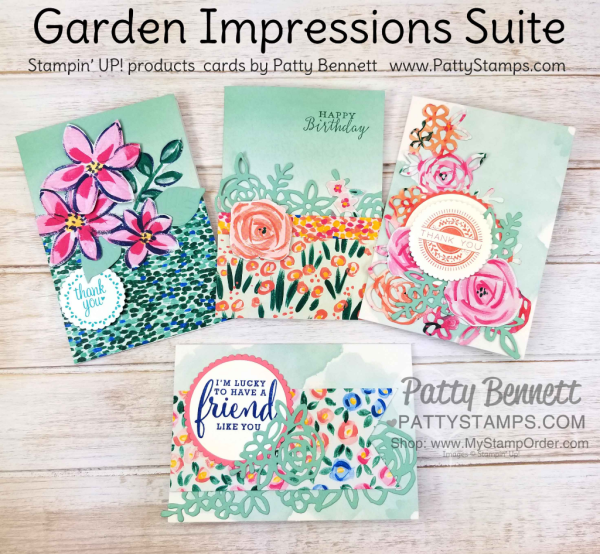 Stampin' UP! Garden Impressions Suite Note Card set created by Patty Bennett, featuring Springtime Impressions thinlit die and Delightfully Detailed note cards. www.PattyStamps.com