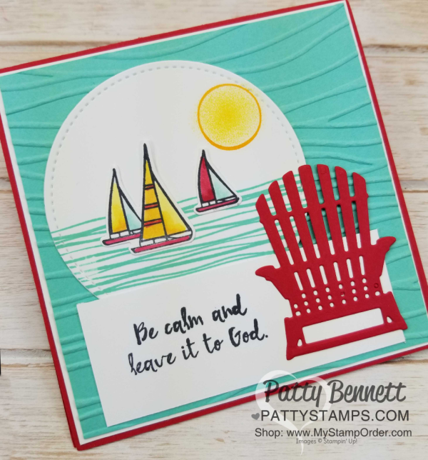 Stampin' UP! Lilypad Lake sailboat note card, featuring Stampin' Blends markers, Wink of Stella, Seaside embossing folder, and Stitched Shape framelit circles, by Patty Bennett, www.PattyStamps.com