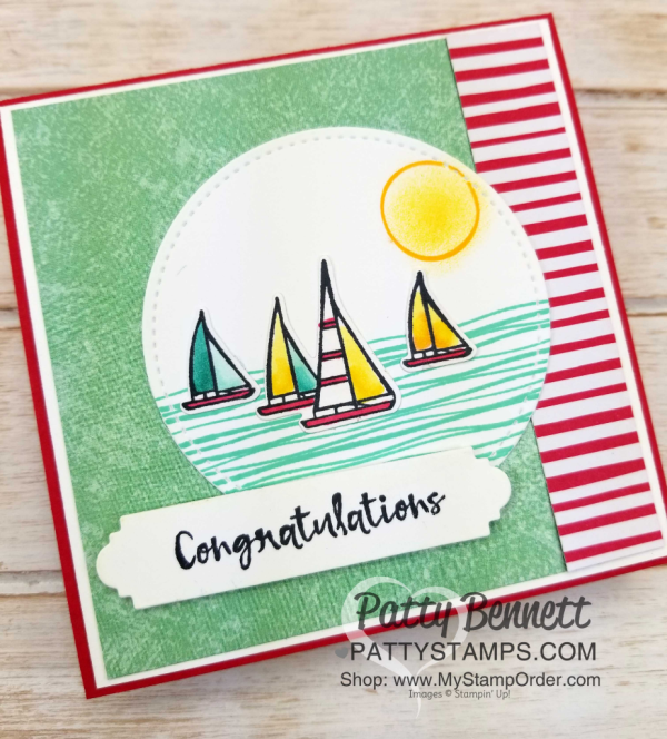 Stampin' UP! Lilypad Lake sailboat note card, featuring Stampin' Blends markers, Wink of Stella, and Stitched Shape framelit circles, by Patty Bennett, www.PattyStamps.com