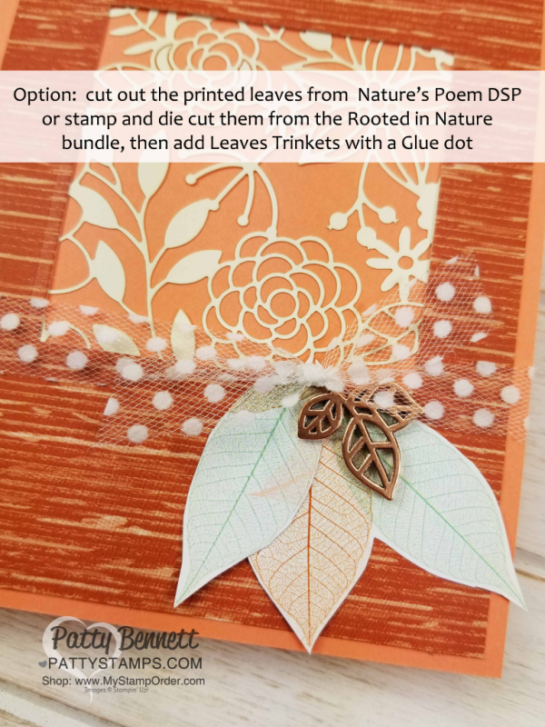 Delightfully Detailed laser-cut paper card ideas featuring Stampin' UP! Nature's Poem designer paper and Leaves Trinkets. by Patty Bennett www.PattyStamps.com