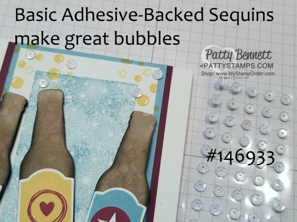 Sequins for my Bubble Over Soda Pop card featuring Bokeh Dots background, fun foam bottles, and sequin bubbles! Stampin' Up! products. Card by Patty Bennett www.PattyStamps.com