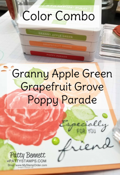 Stampin' Up! Healing Hugs rose stamp set - gorgeous stamped in Grapefruit Grove, Poppy Parade and Granny Apple Green!  Cards by Patty Bennett, www.PattyStamps.com