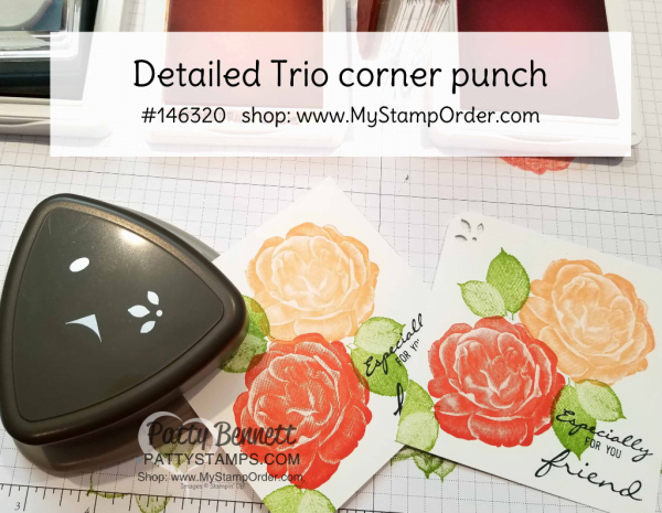 Detailed Trio Corner Punch paired with the Stampin' Up! Healing Hugs rose stamp set - gorgeous stamped in Grapefruit Grove, Poppy Parade and Granny Apple Green!  Cards by Patty Bennett, www.PattyStamps.com