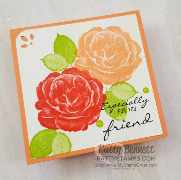 Stampin' Up! Healing Hugs rose stamp set - gorgeous stamped in Grapefruit Grove, Poppy Parade and Granny Apple Green!  Cards by Patty Bennett, www.PattyStamps.com