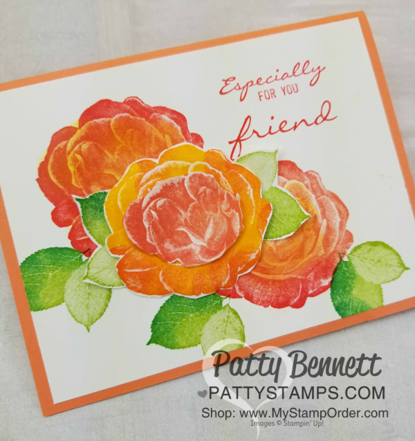 Healing Hugs Stampin' Up! stamp set rose card by Patty Bennett.  Free video tutorial: ink stamp and add more color with Sponge Dauber! www.PattyStamps.com