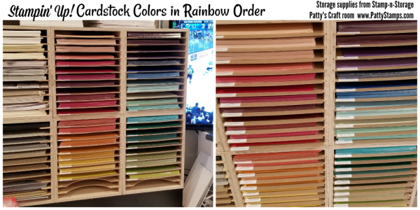 Stampin' UP! cardstock in rainbow order. Patty's craft room organization tips.  Stamp-n-Storage wood storage units.  www.PattyStamps.com