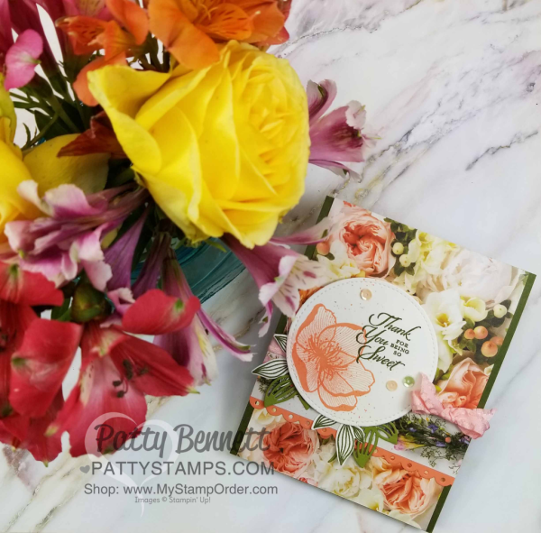 Beautiful Promenade stamp set, Petal Promenade floral paper, and Treat Time Bundle card idea by Patty Bennett, www.PattyStamps.com
