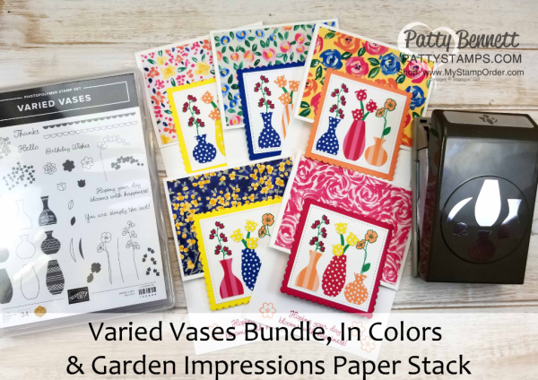 Varied Vases card idea featuring Stampin' UP! Garden Impressions 6x6 paper stack, and 2018-2020 In Color 6x6 paper stack, by Patty Bennett, www.PattyStamps.com