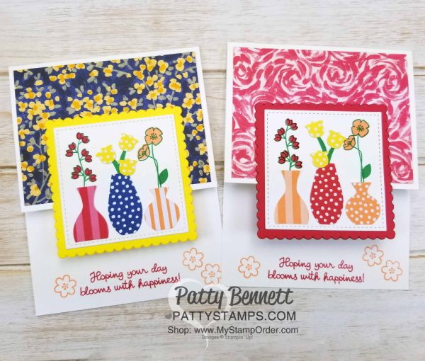 Varied Vases card idea featuring Stampin' UP! Garden Impressions 6x6 paper stack, and 2018-2020 In Color 6x6 paper stack, by Patty Bennett, www.PattyStamps.com