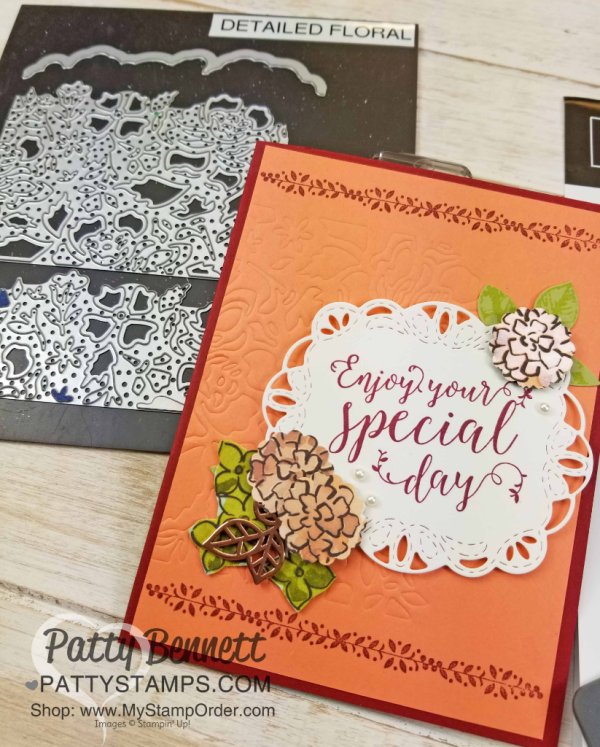 Stitched All Around label framelit card with Detailed Floral thinlit embossed background featuring Stampin' UP! embossing mats. Card by Patty Bennett. Products available at www.MyStampOrder.com