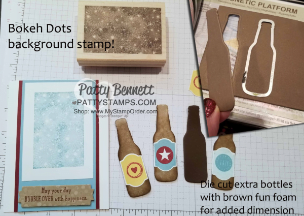 Bubble Over Soda Pop card featuring Bokeh Dots background, fun foam bottles, and sequin bubbles! Stampin' Up! products. Card by Patty Bennett www.PattyStamps.com