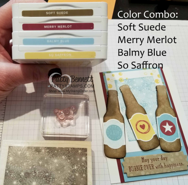 Color Combo for Bubble Over Soda Pop card featuring Bokeh Dots background, fun foam bottles, and sequin bubbles! Stampin' Up! products. Card by Patty Bennett www.PattyStamps.com